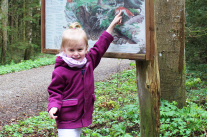 Kind zeigt auf bunte Tafel im Wald (@ Florian Stahl)