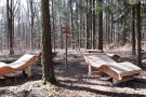 Entspannungsliegen aus Holz stehen im Kreis im Wald