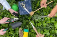 Schere, Kochlöffel, Schaufel, Gartenschere über Grünfläche